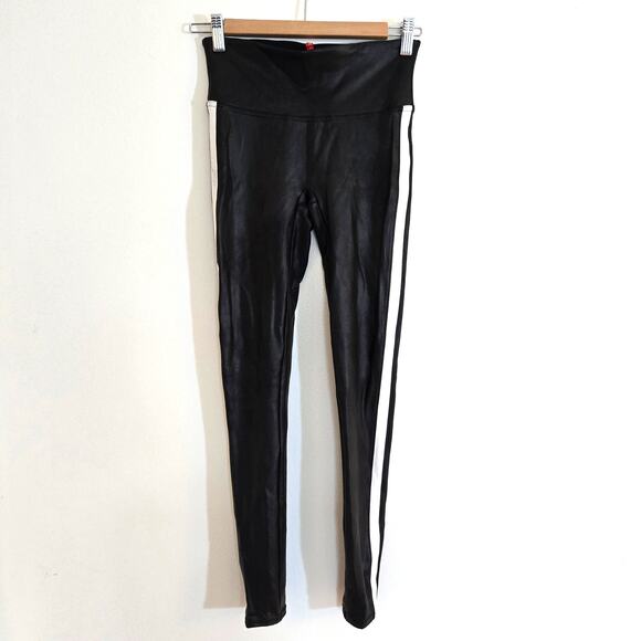 SPANX Faux Leather Leggings White Side Stripe Black Size Small - Picture 2 of 10